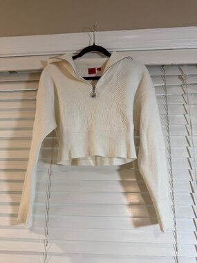 HUGO Hugo Boss Sheveni Cropped Half Zip Knit Sweater Cream Small